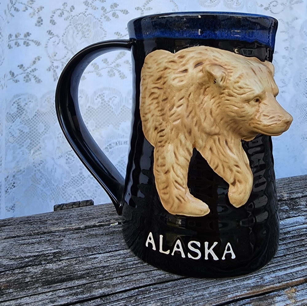 Large glazed pottery stoneware mug with bear 3d sculpture, Alaska